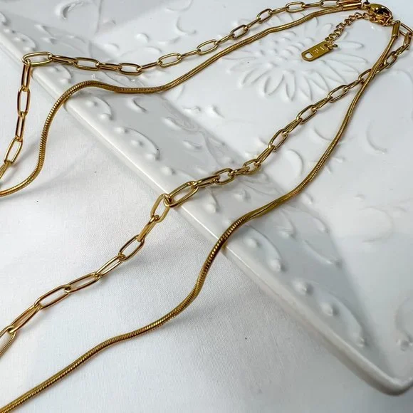 Double Layered 18k Gold Plated Necklace Chain Choker Layered Necklace Gold - Picture 4 of 10